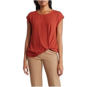 Pleione Women's Rust Twisted Hem Hi-Low Top Size S Relaxed Fit Blouse Feminine